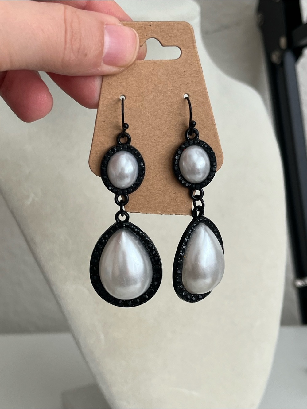 Black faux pearl dangle earrings